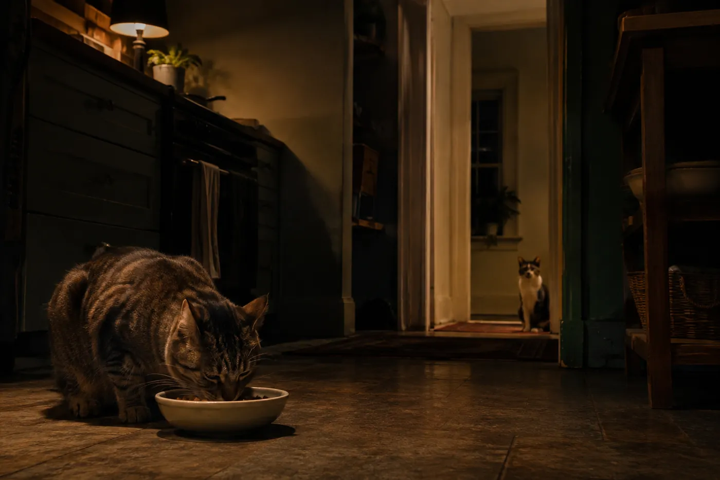 One cat eating while a second waits at the edge of the room