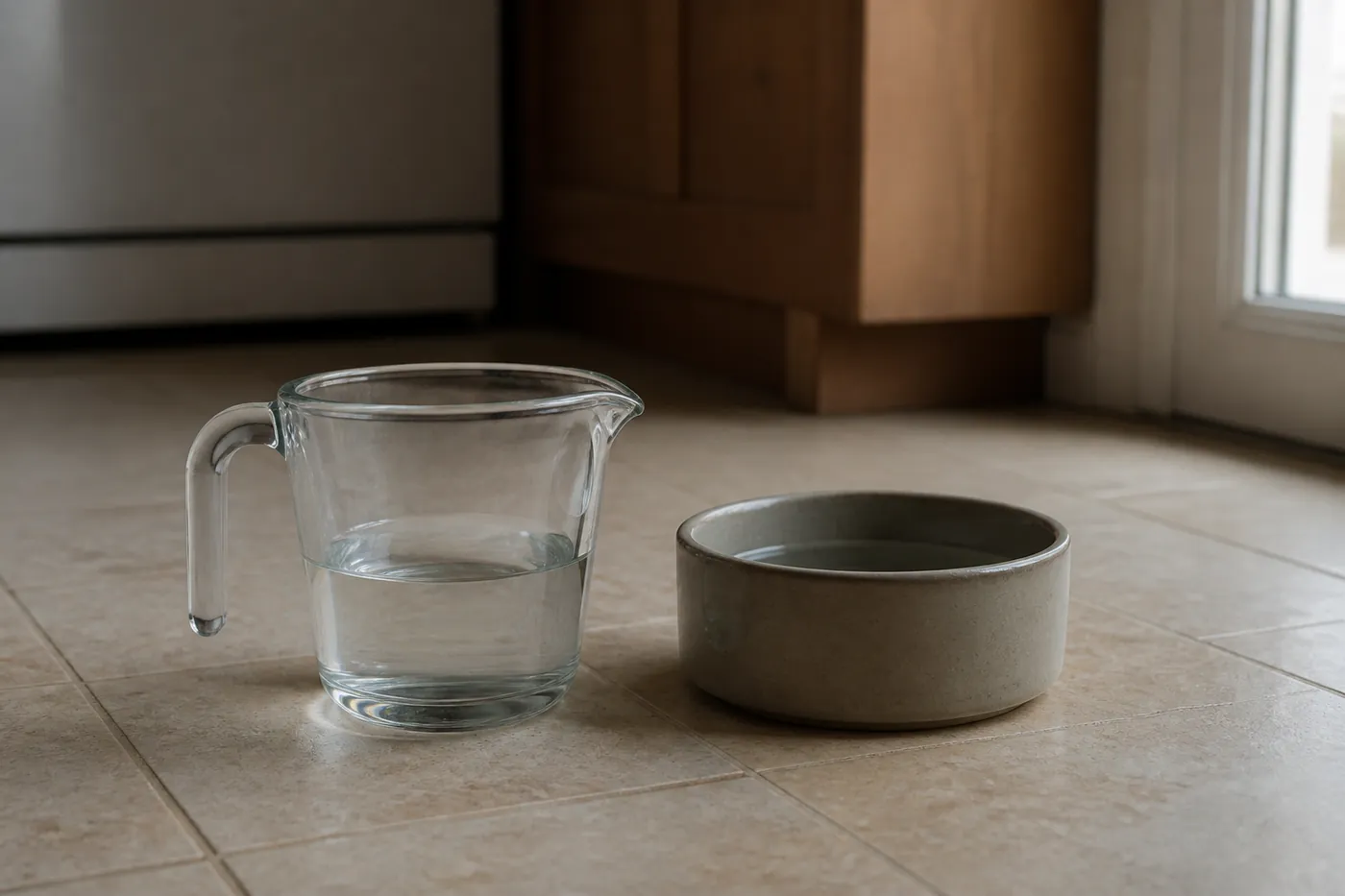A glass measuring jug standing beside a cat's water bowl on a tiled floor