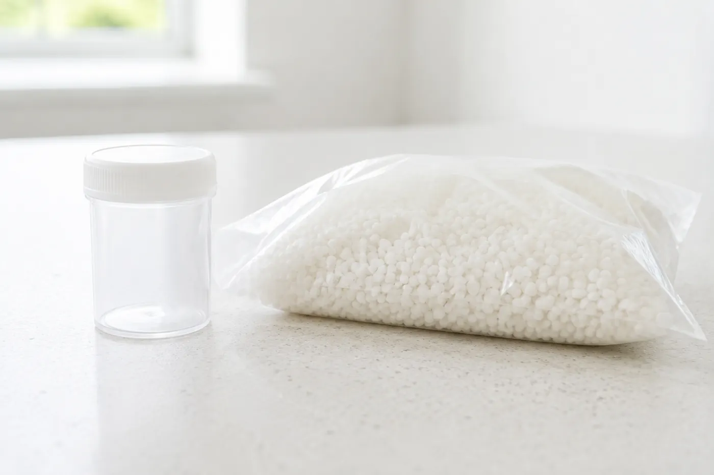 A urine sample pot beside a bag of non-absorbent litter