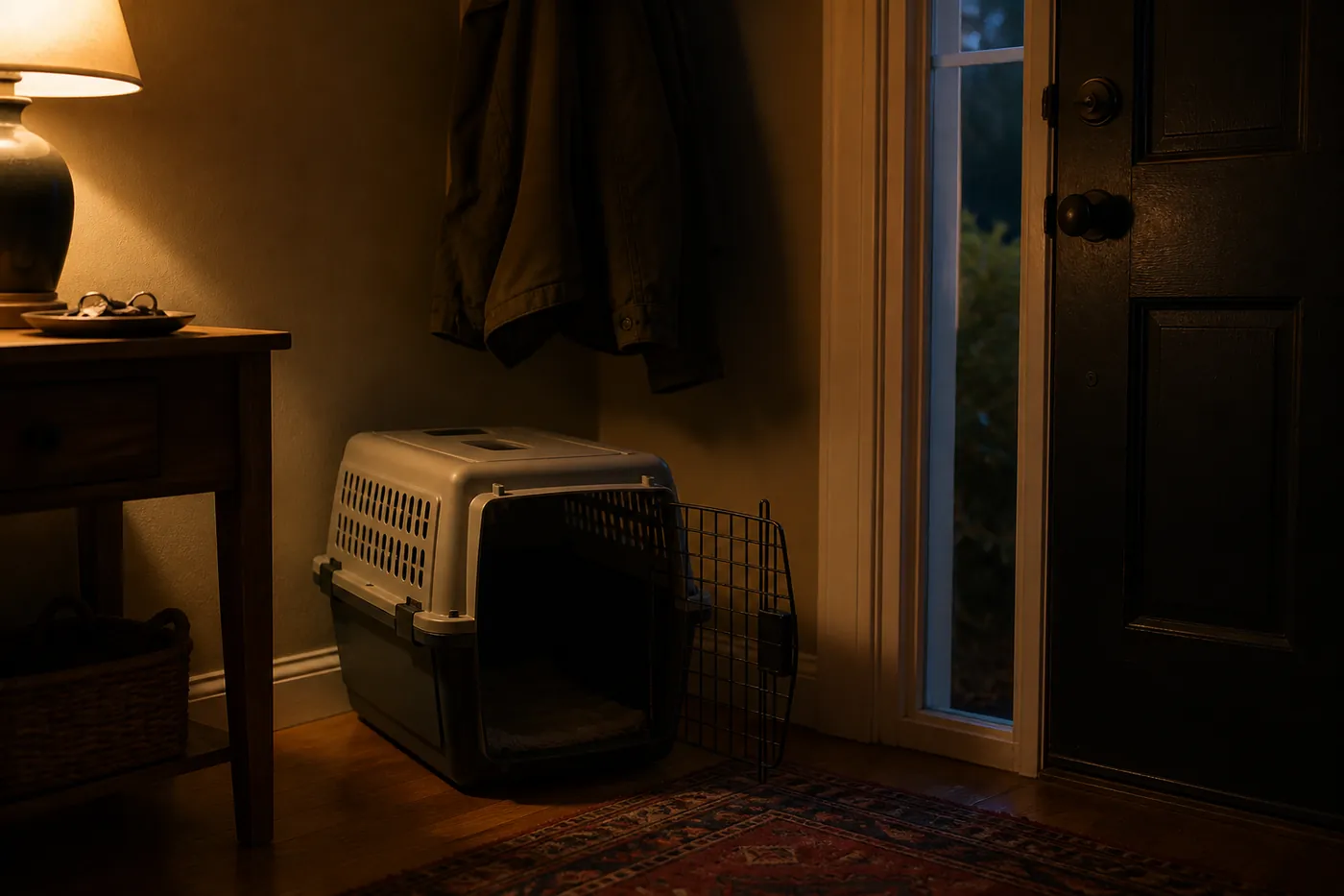 A pet carrier standing open by a front door with a coat and keys beside it
