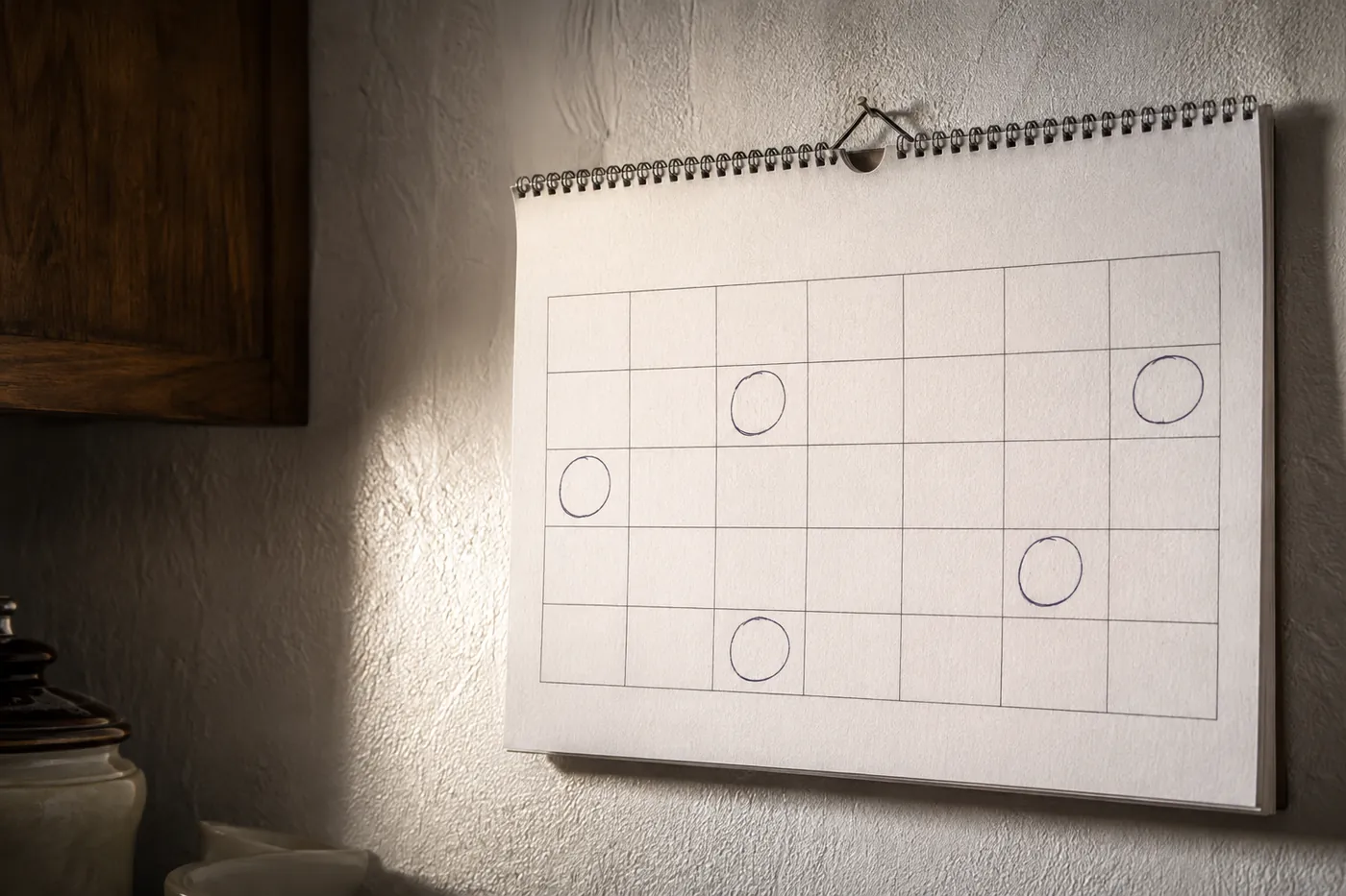 A wall calendar with several days marked by hand