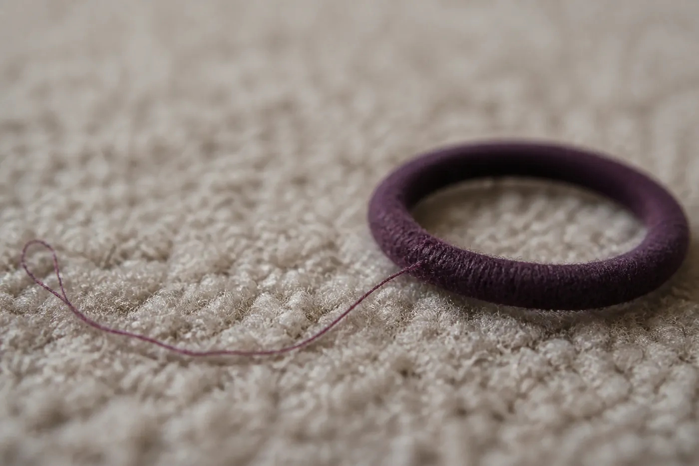 A length of thread on a carpet beside a hair tie