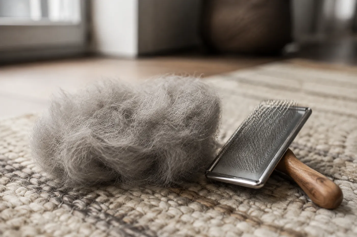 A slicker brush holding a large amount of removed loose fur