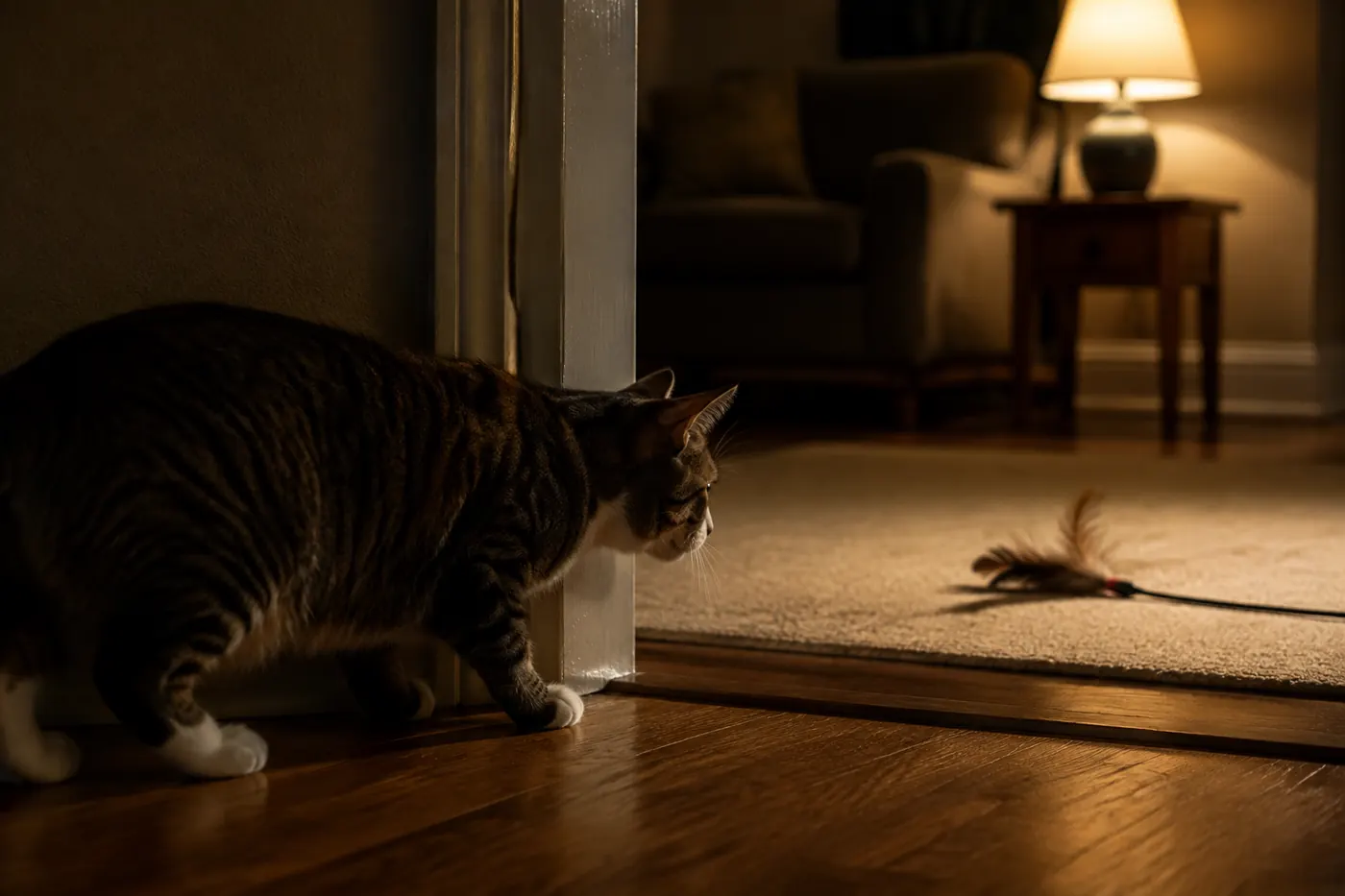 A cat crouched mid-stalk behind a doorway, body low and weight forward, watching a feather toy on the floor of the next room