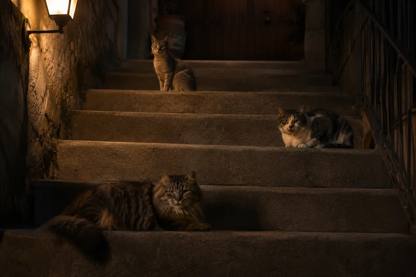 Three cats of visibly different builds resting apart on a wide staircase, one long-coated and heavy-boned, one slender and short-coated, one stocky