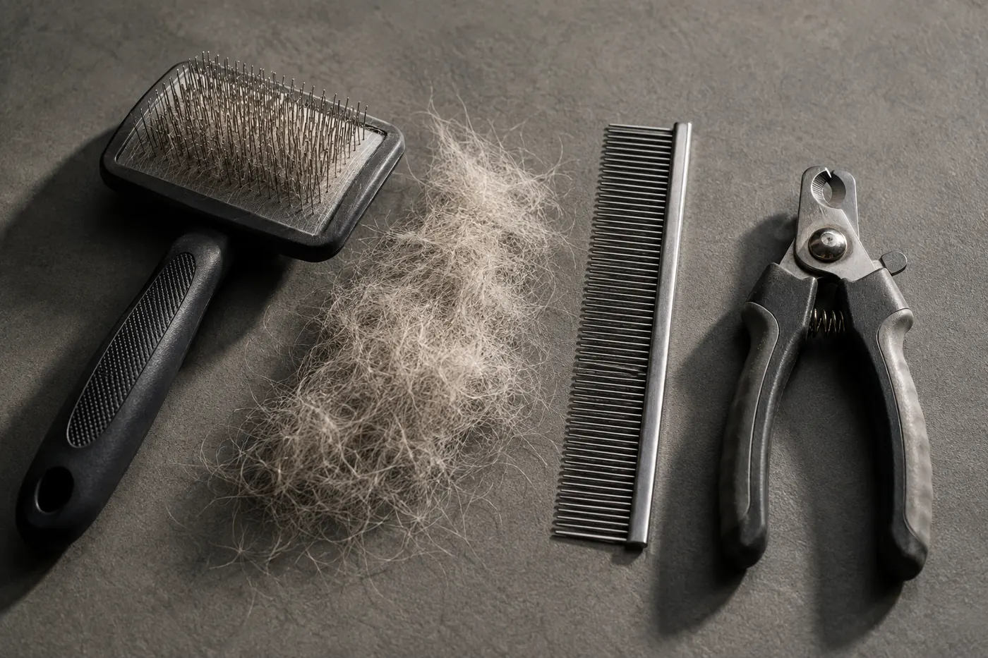 A slicker brush, a fine metal comb and claw clippers laid in a row on a linen cloth, with a drift of shed undercoat beside the comb