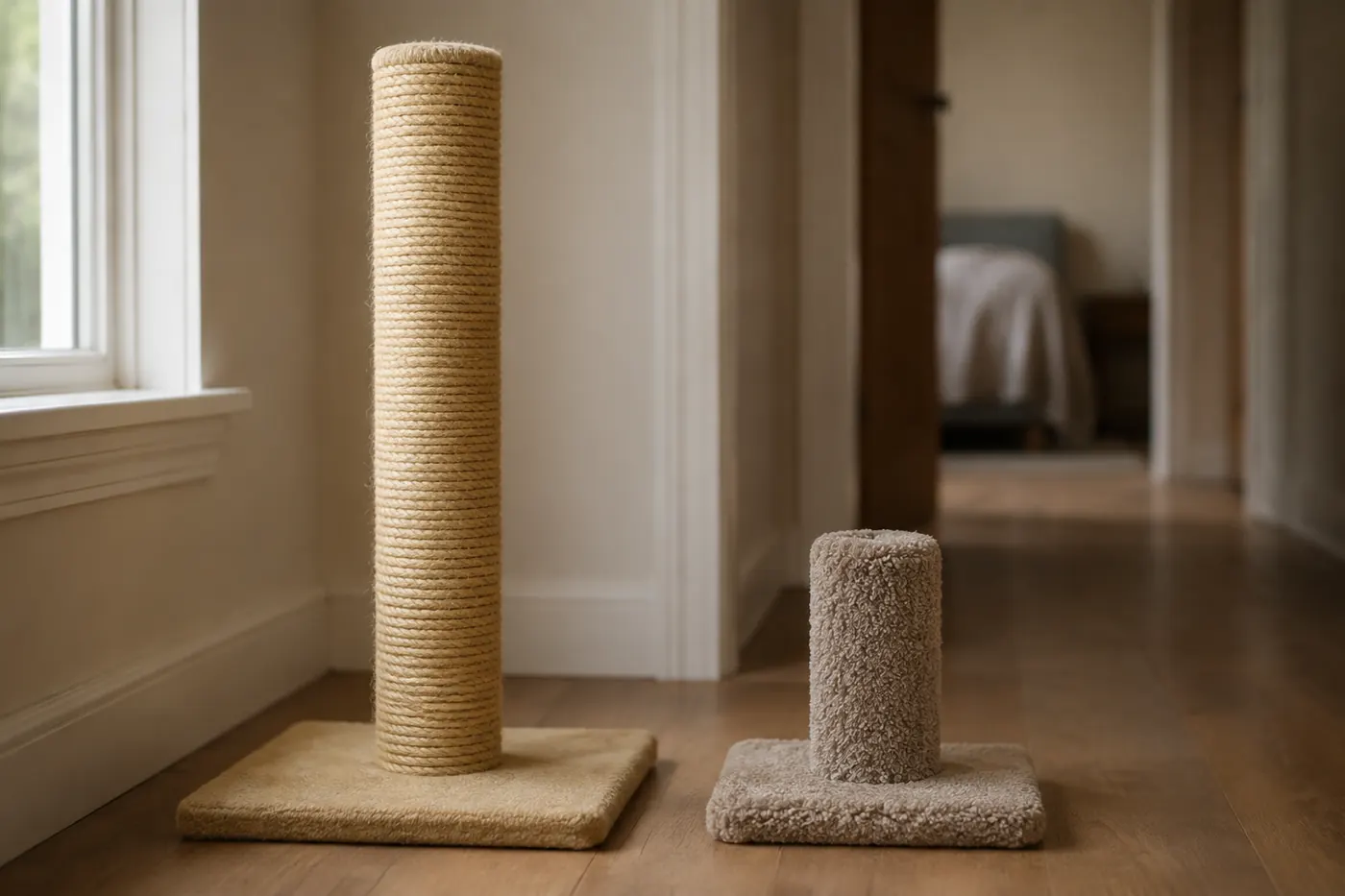 A tall sisal scratching post standing beside a short carpet-covered one too low for a cat to stretch out on, in a hallway