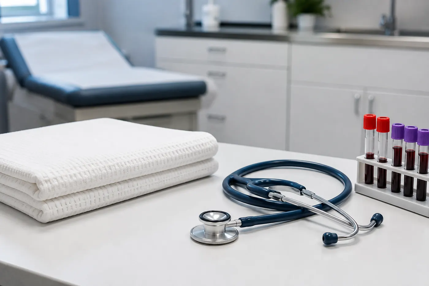 A consulting room table with a folded examination towel, a stethoscope beside it, and a rack of blood sample tubes at the edge