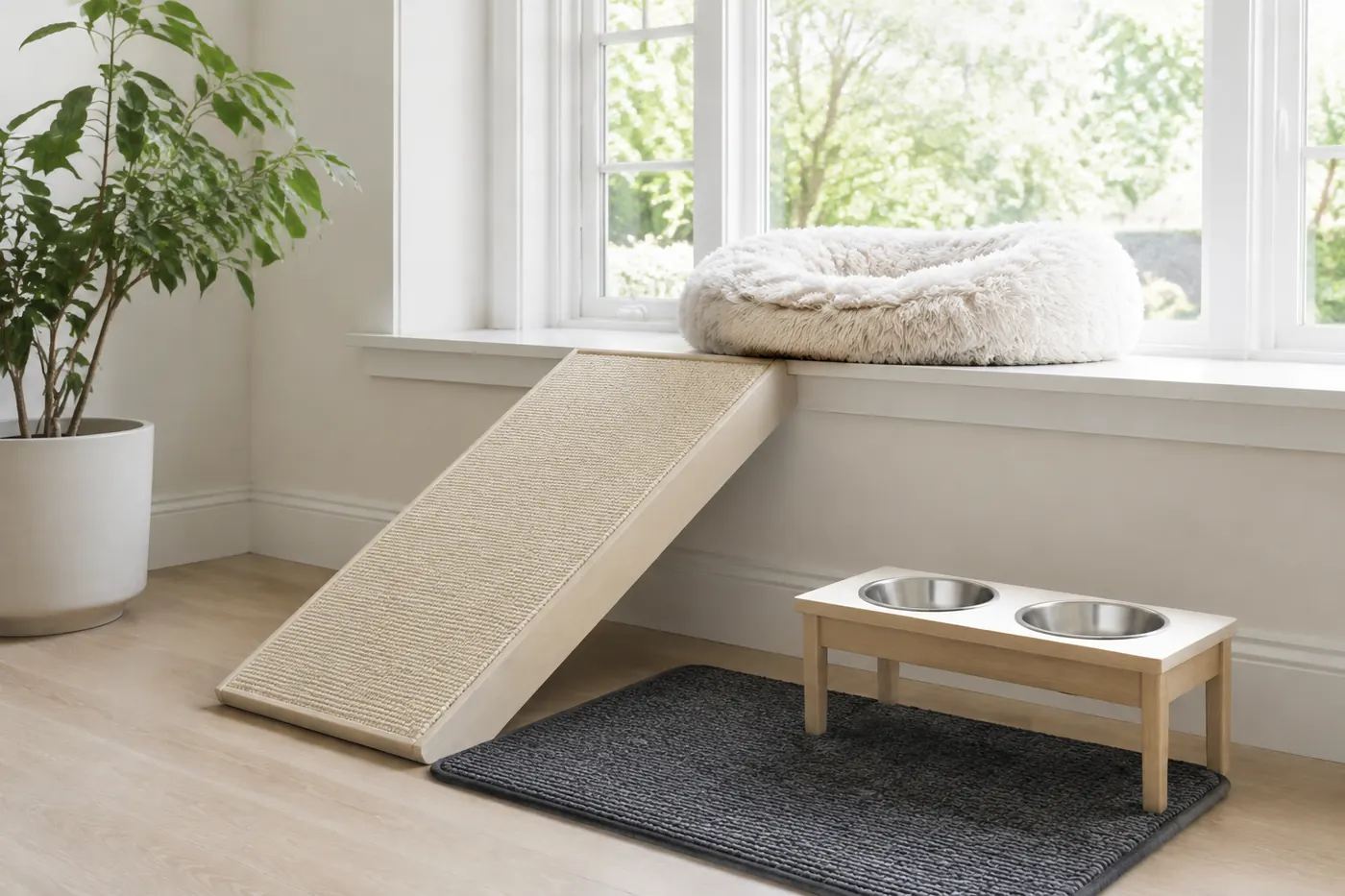 A low ramp leading up to a windowsill bed in a bright room, with a raised food bowl stand and a thick non-slip mat at its foot
