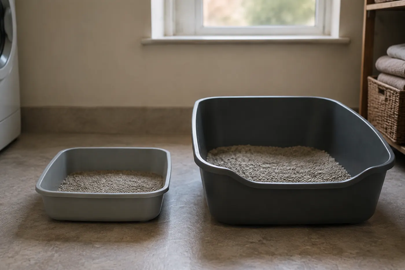 Two open litter trays of clearly different sizes side by side on a utility room floor, one shallow and cramped, one deep and wide