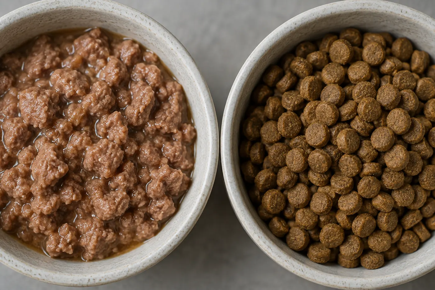 Two identical bowls side by side seen from above, one holding wet food and one holding the same weight of dry kibble, filling the bowls very differently