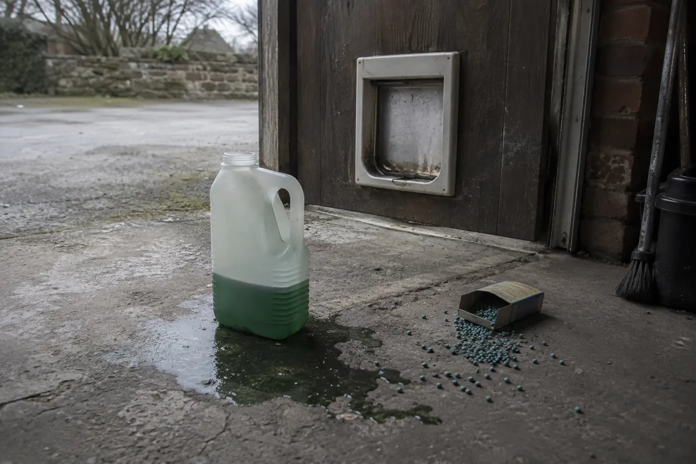 A garage floor with a bottle of antifreeze standing in a spill and a box of slug pellets scattered nearby, a cat flap visible in the door behind