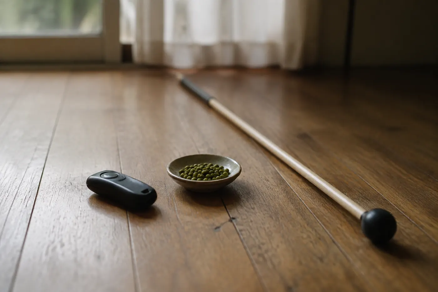 A clicker and a small dish of pea-sized treats on a bare wooden floor, with a target stick lying beside them