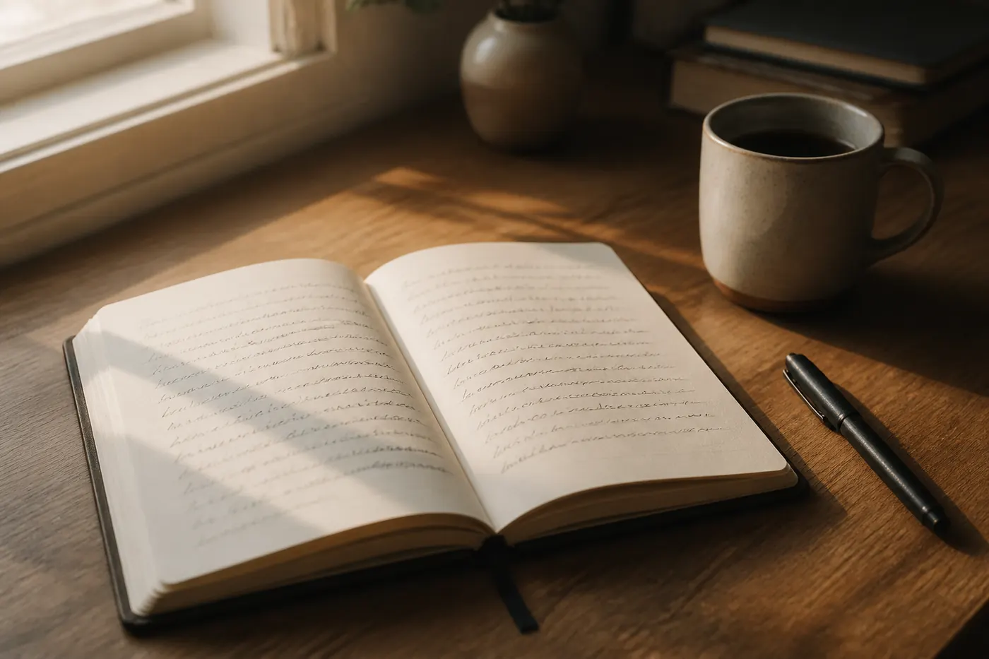 An open notebook and a pen on a wooden desk in morning light