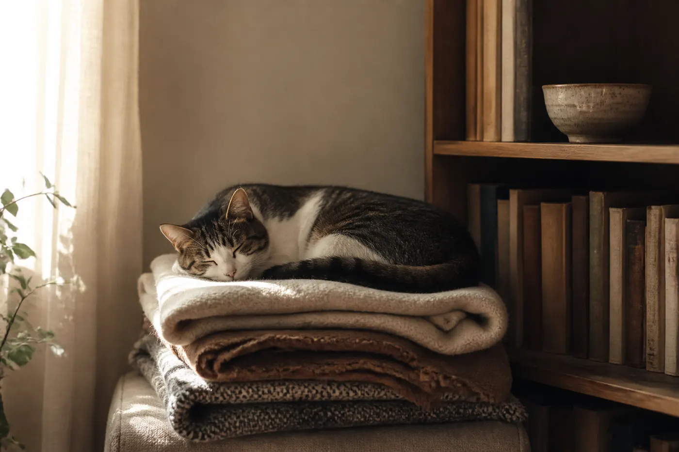 A cat asleep on folded blankets beside a bookshelf