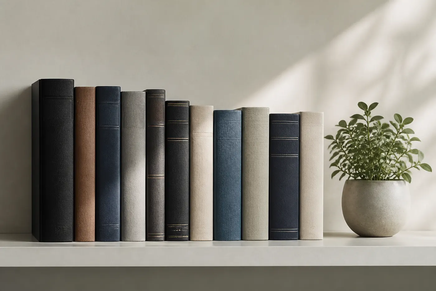 Reference books standing on a plain shelf beside a small plant