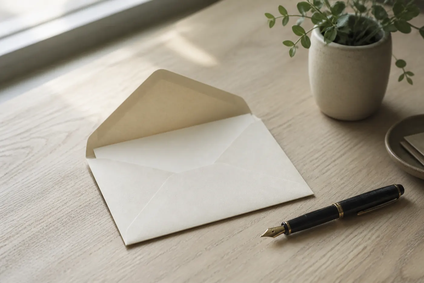 An open envelope and a fountain pen on a pale desk beside a plant