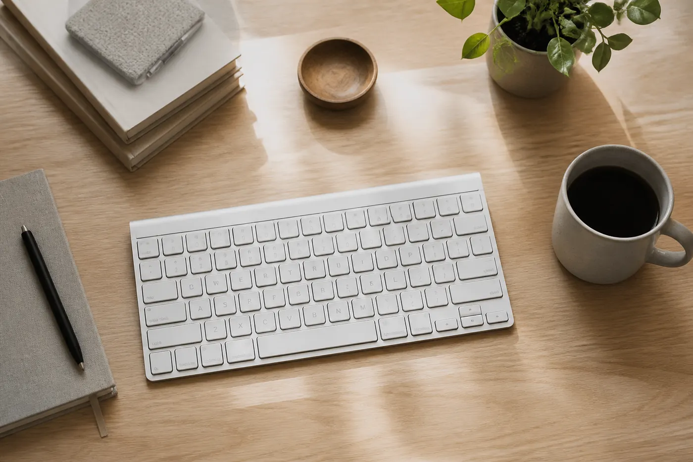 A keyboard and a mug on a tidy desk seen from above