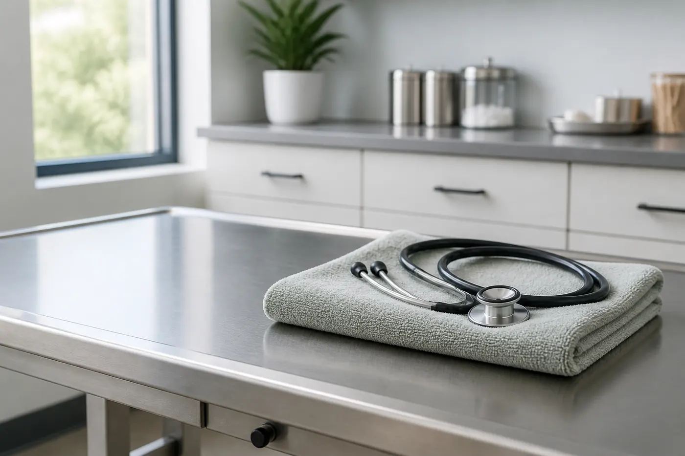 A clean veterinary examination table with a folded towel and a stethoscope