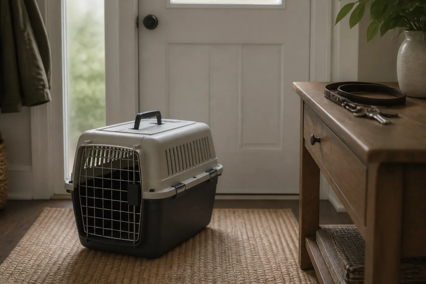 A pet carrier standing ready by a front door beside keys on a side table