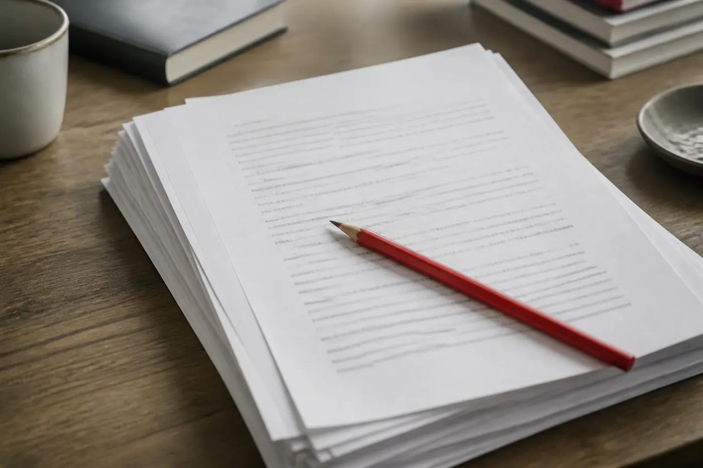 Printed manuscript pages with a red pencil resting across the top sheet