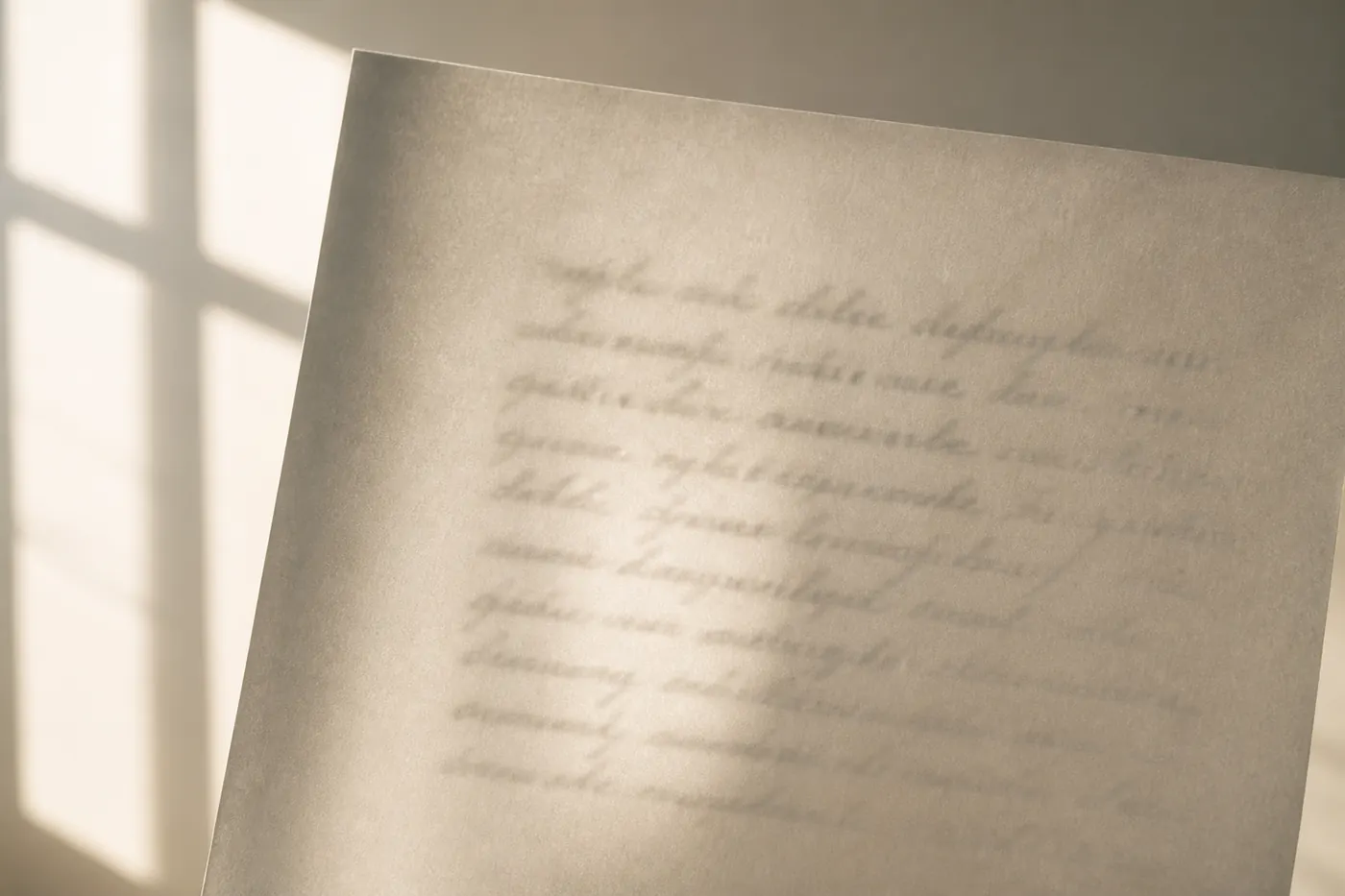 A single sheet of paper held against window light, writing showing through