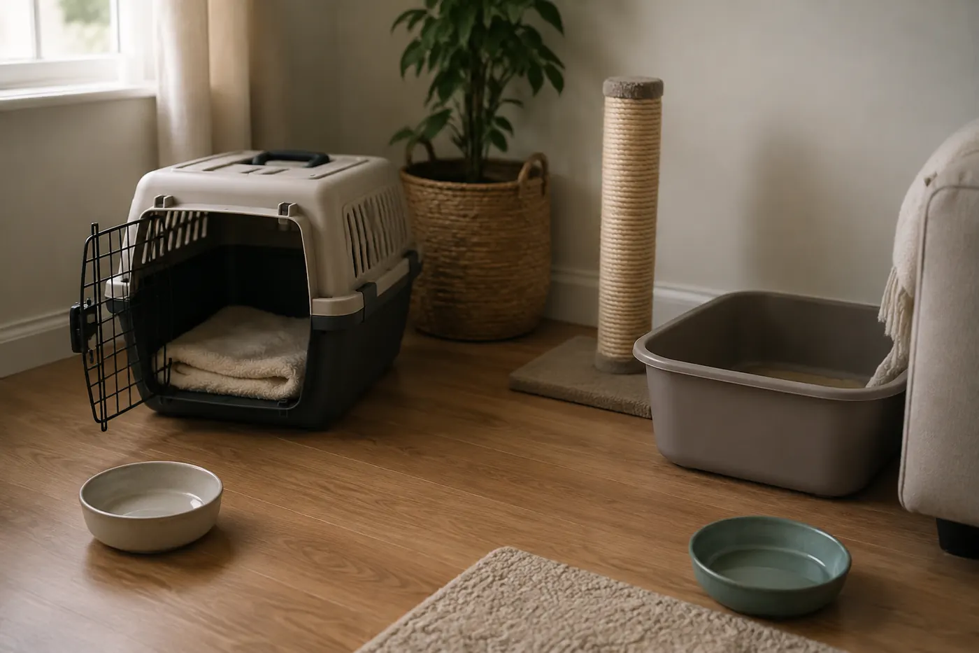 A carrier standing open with a blanket inside, a large uncovered litter tray, a tall sisal scratching post, and two shallow bowls set apart on the floor