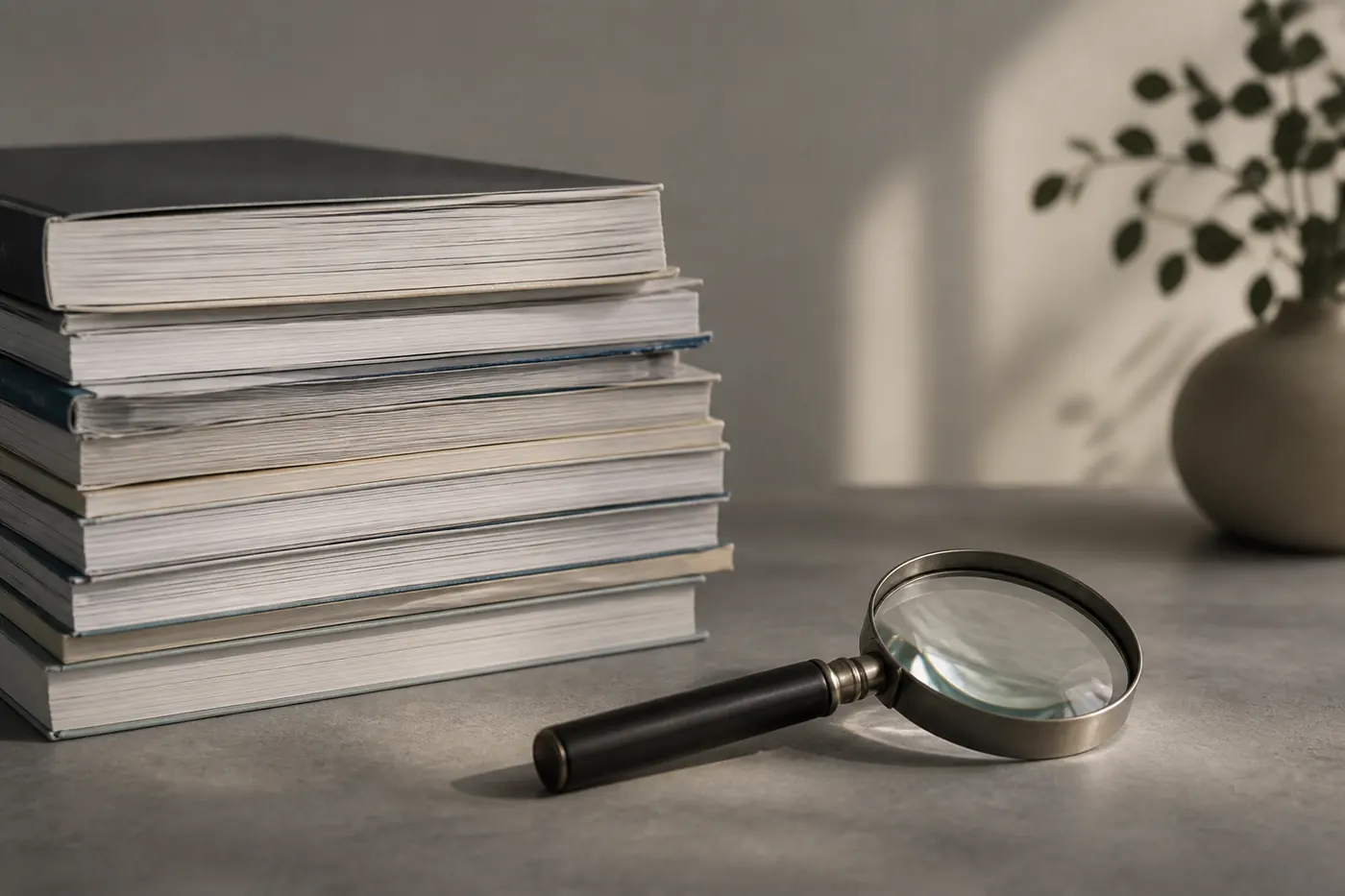 A stack of journals and a magnifying glass on a grey table