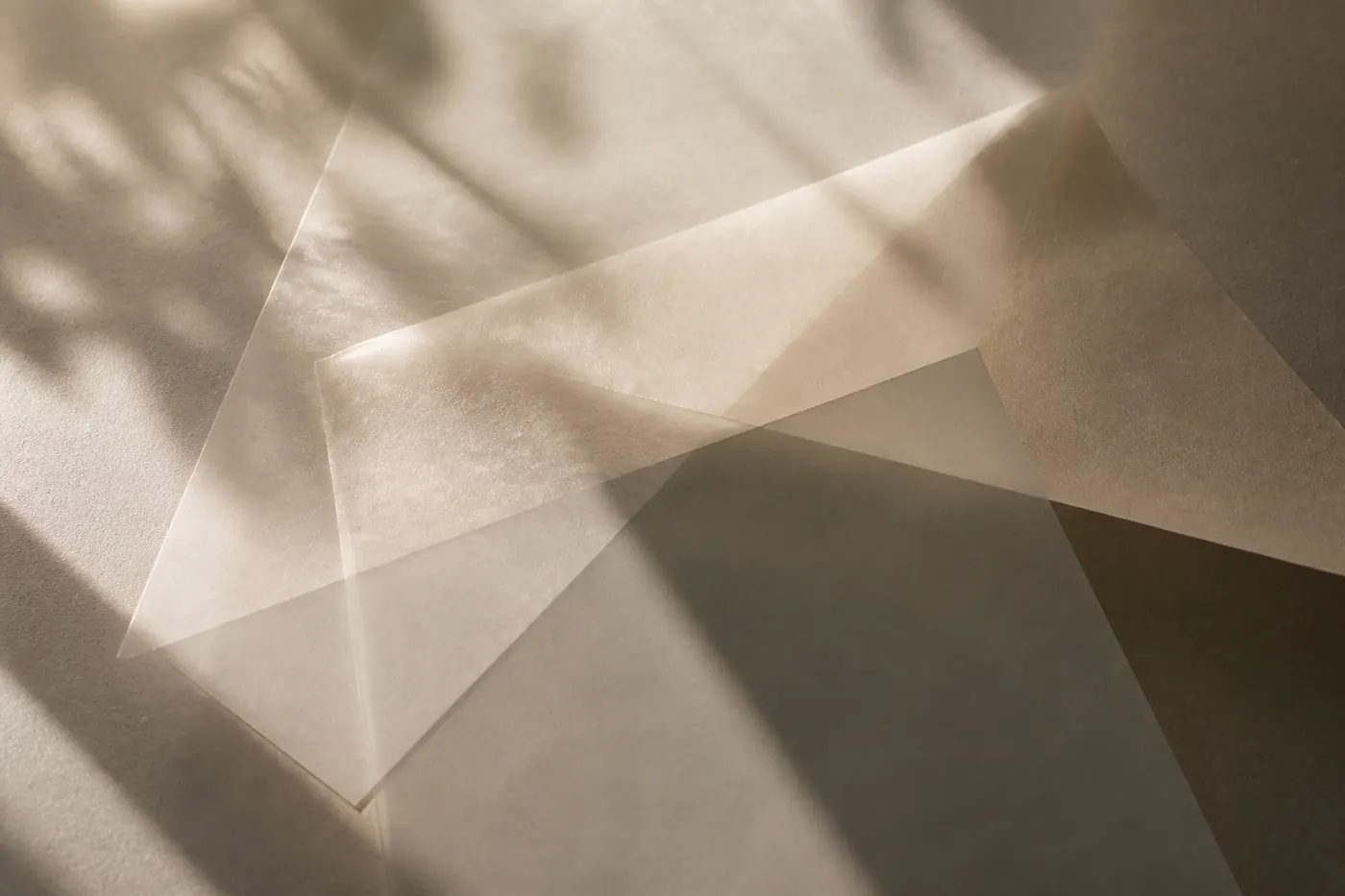 Overlapping sheets of translucent paper catching soft directional light