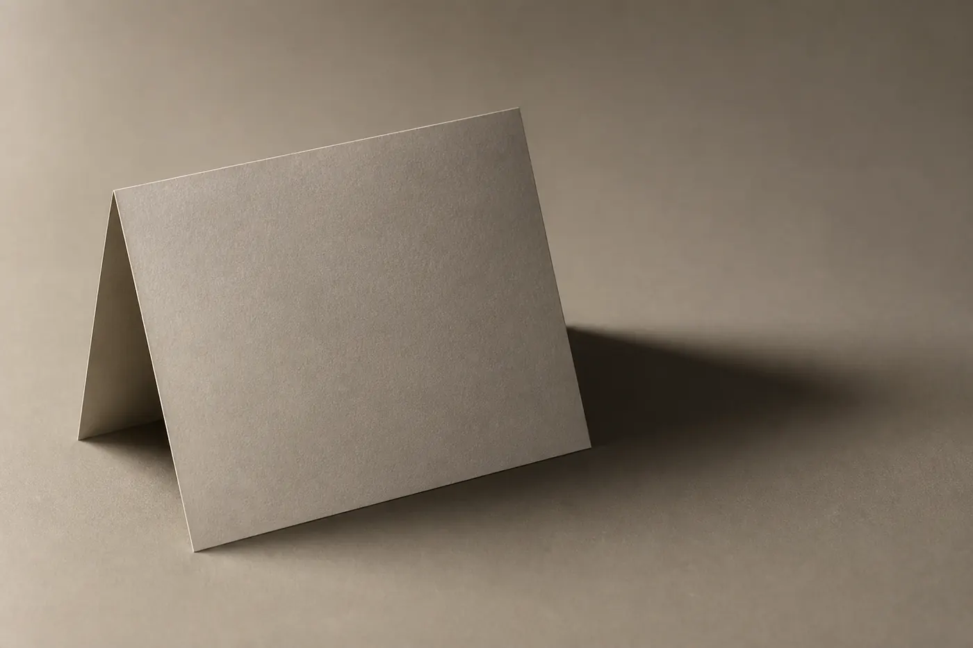 A folded sheet of heavy paper casting a long shadow on a grey surface